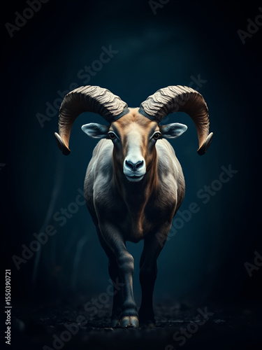 Majestic ram with large horns, walking forward in a dark forest.