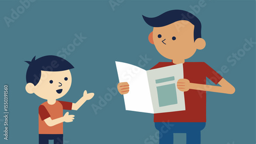 a man reads a newspaper and a child points in amazement.