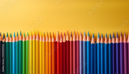 a row of rainbow colored pencils are lined up on a yellow background