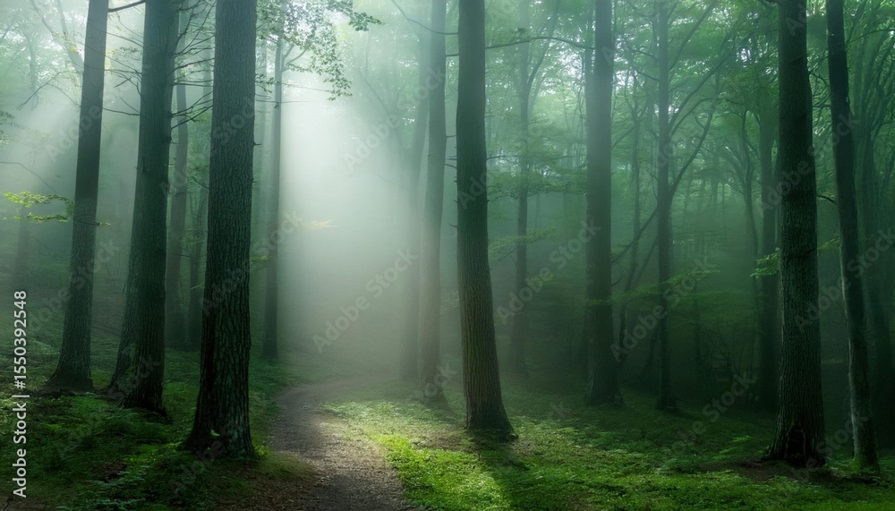 Obraz premium A serene forest path bathed in morning fog with sunlight filtering through tall green trees in a calm atmosphere. International Day of Forests