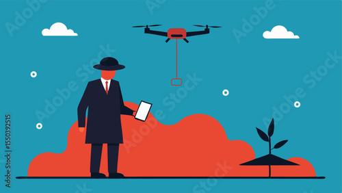 Drone Assisting Investigation A drone hovering in the sky above a crime scene with a detective on the ground observing the aerial footage on a tablet.