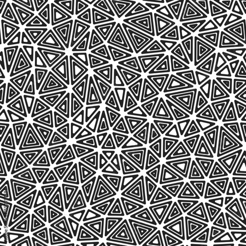 Triangles pattern. Compact shape size. Multiple repeated inner triangles. Black and white style. Repeatable pattern. Beautiful vector tiles. Seamless vector illustration.