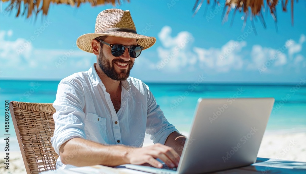 Fototapeta premium Man working remotely on a laptop under a straw parasol at a sunny tropical beach