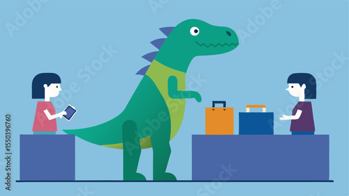 Checkout Line Chaos The Trex is in line at the checkout counter holding a large shopping bag filled with colorful clothes. Its head is poking up over the countertop and the cashier