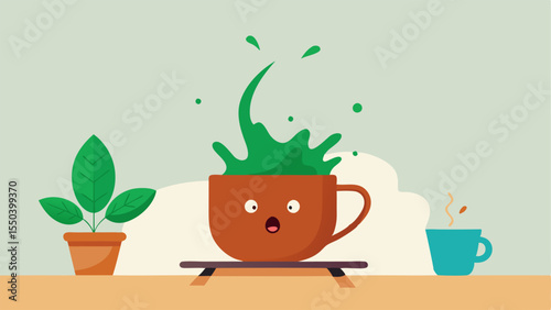 Caffeine Rescue Mission A steaming coffee cup hovers above a light wooden table with a bold splash of coffee erupting from its edge. A cartoon character with a determined