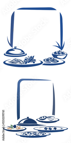 Decorative frame with plates of food and cloche in blue design  