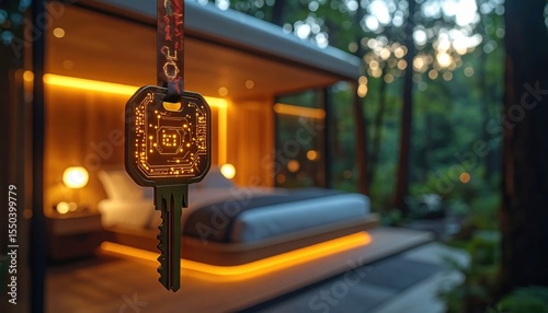 Smart key with circuit design represents tech-enhanced lodging security in a modern forest retreat, ideal for digital detox and luxury glamping experiences