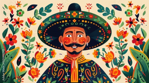 Vibrant Illustration of a Smiling Mexican Man in Traditional Sombrero Surrounded by Colorful Flowers and Foliage