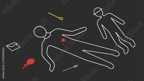 Body Outline Chalk Drawing A chalk outline on the ground representing where a victim was found with detectives examining surrounding evidence from different angles.