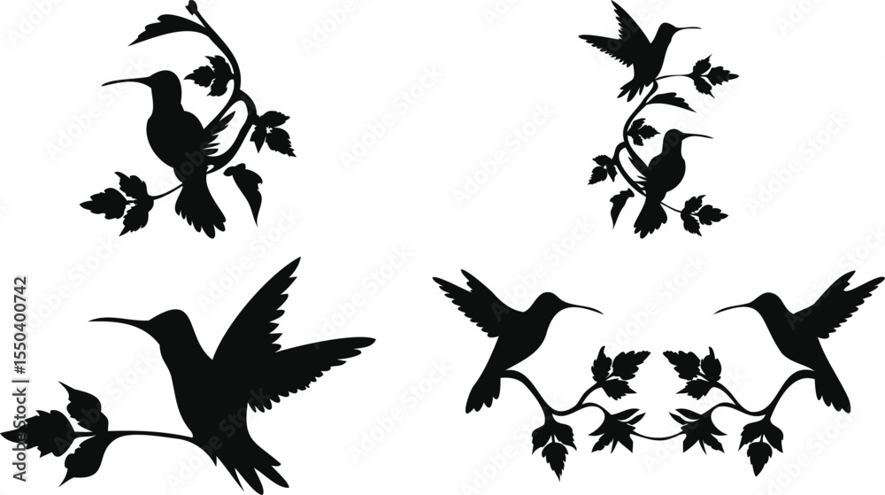 Fototapeta premium Hummingbirds with Flowers Vector