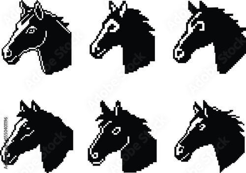 Pixel-style horse vector set - 6 side-face silhouettes, EPS JPEG PNG