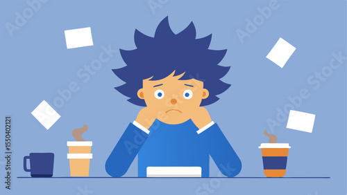 Desk Chaos A character with messy hair sits at a cluttered desk their elbows resting on the surface and their head buried in their hands. Around them tered papers and empty coffee