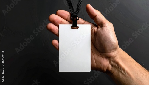 Close-up of a hand holding a blank ID badge symbolizing access, security clearance, or corporate identity