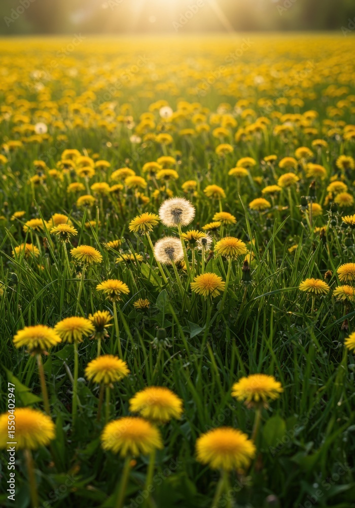 Obraz premium Yellow Dandelion Field at Sunset