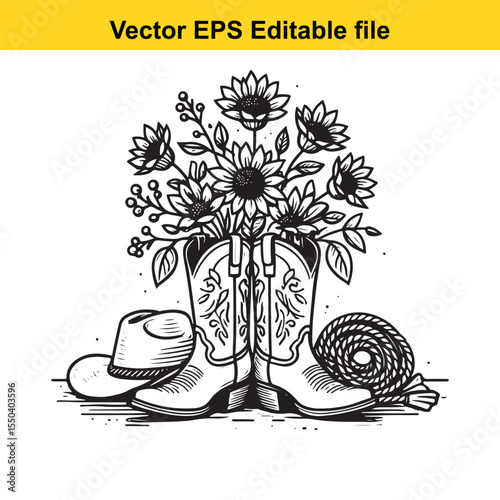 Black and white illustration of cowboy boots with a bouquet of sunflowers and a hat.