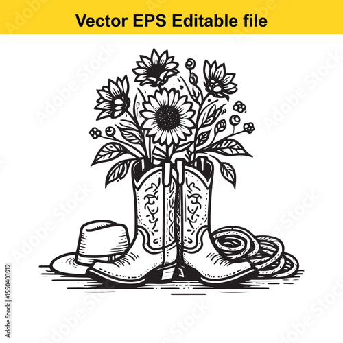 Black and white illustration of cowboy boots with a bouquet of sunflowers and a hat.