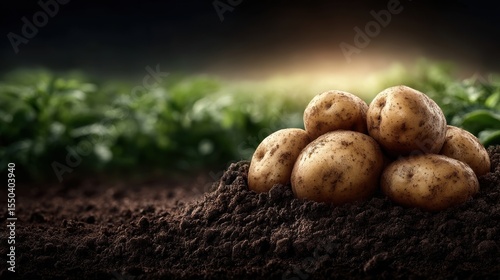 Freshly harvested potatoes with soil and green leaves