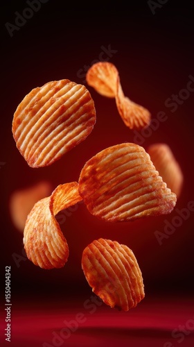 Suspended multiple ridged potato chips on black background
