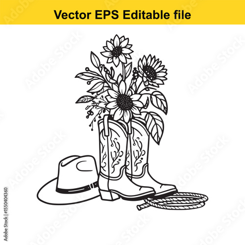 Black and white illustration of cowboy boots with a bouquet of sunflowers and a hat.