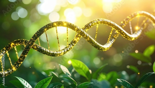 Golden DNA strand glowing in sunlight among leaves, representing bioengineering, sustainability, genetic evolution, and nature-tech fusion