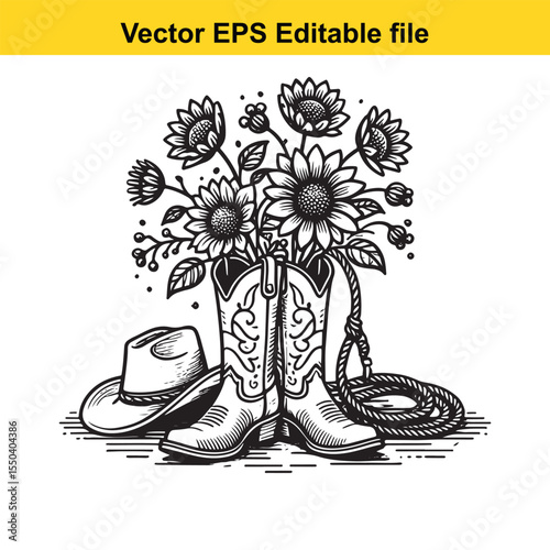 Black and white illustration of cowboy boots with a bouquet of sunflowers and a hat.