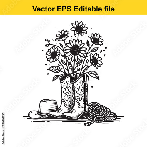 Black and white illustration of cowboy boots with a bouquet of sunflowers and a hat.