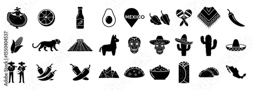 vector set of mexican culture icons in black silhouette