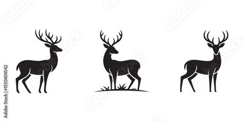 Wild Deer Silhouette Set . Black Graphic Illustrations of Male, Female, and Roe Deer