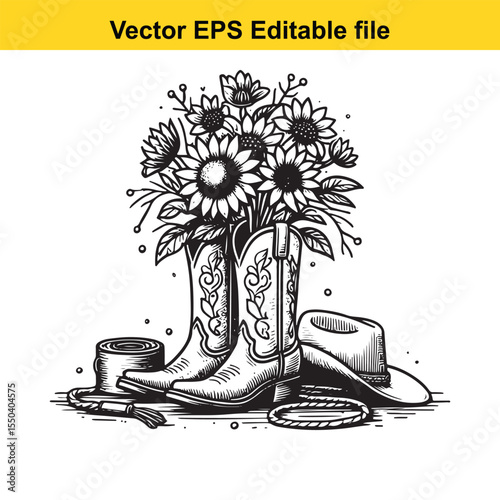 Black and white illustration of cowboy boots with a bouquet of sunflowers and a hat.