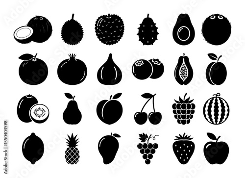 vector set of tropical fruits in black silhouette style