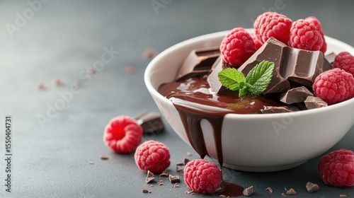 A decadent display of rich chocolate pieces topped with fresh raspberries and mint leaves, creating a sumptuous visual feast that celebrates culinary artistry and indulgence.