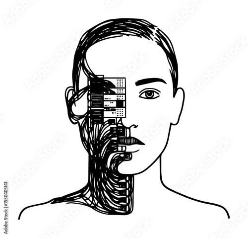 half human face and half machine wires artificial intelligence
