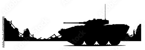 armored vehicle patrolling war zone with ruins around