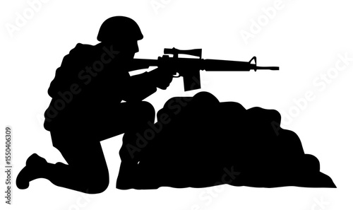 soldier aiming rifle behind cover in combat position