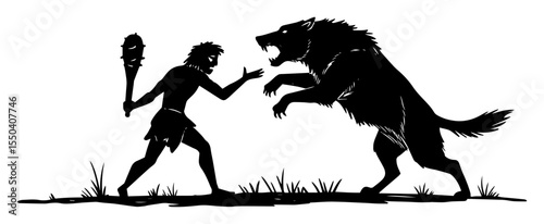 caveman fighting bear with torch in prehistoric scene