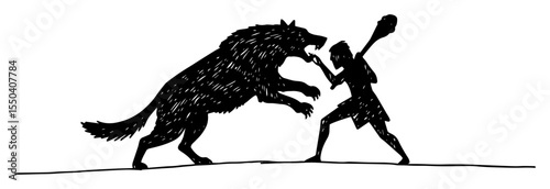 ancient warrior battling wild beast with club
