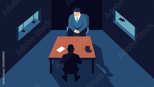 Dramatic Confession An overhead view of a dimly lit interrogation room with a large table. A suspect sits slouched in a chair looking remorseful while a detective leans forward