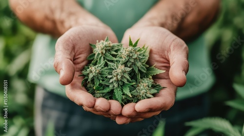 A person's hands cradle fresh cannabis buds amidst a lush garden, showcasing the beauty of nature and the joy of cultivation in a vibrant and thriving environment.