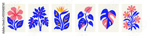 Tropical plant leaves, flower and leaf illustration set. Modern botanical illustration of hibiscus, monstera leaf, strelitzia, philodendron. Vector papercut style art with playful vibrant color