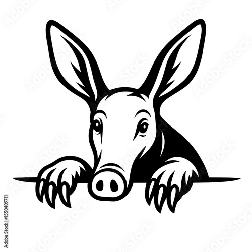 An aardvark in silhouette style, with focused eyes and distinctive features, looking from its hideout vector illustration