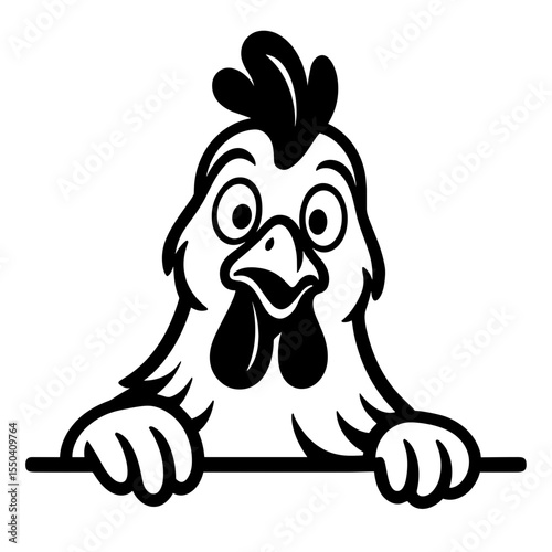 A curious chicken peeked out of the frame with a black and white graphic image. vector illustration