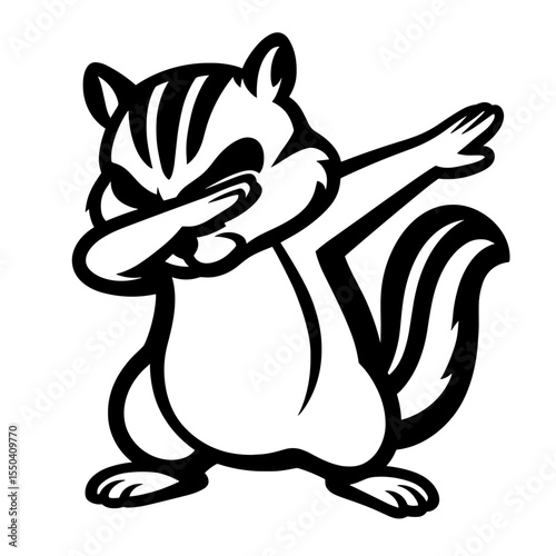 A playful chipmunk performs a dab, capturing its confidence and playful attitude. The image is bold and stylized with crisp black lines and a minimalist aesthetic.