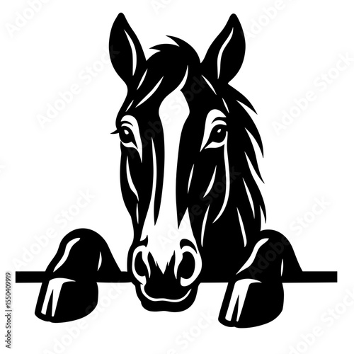 A majestic horse with a captivating gaze peeks over a boundary, its strong physique a testament to its power and grace. vector illustration