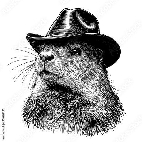 A groundhog, a symbol of spring, is depicted wearing a stylish fedora hat. The monochrome illustration features detailed linework and shading, creating a unique and captivating image.