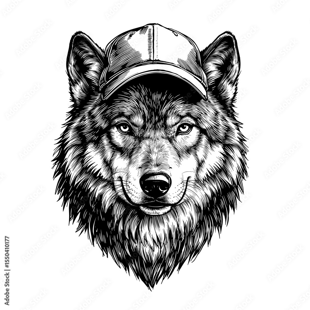 Fototapeta premium A wolf wearing a baseball cap, monochrome vector illustration