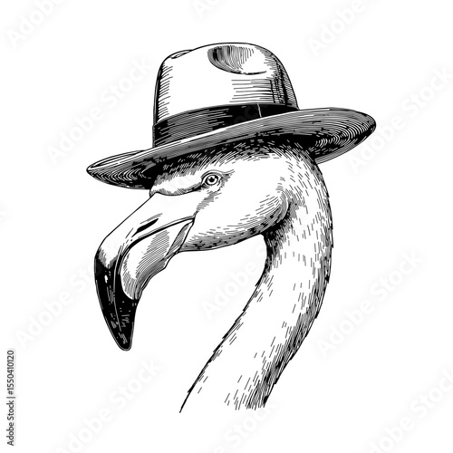 A dapper flamingo sports a stylish hat in this captivating black and white illustration. Embodying wit and character, it's a fun piece that adds personality. vector illustration