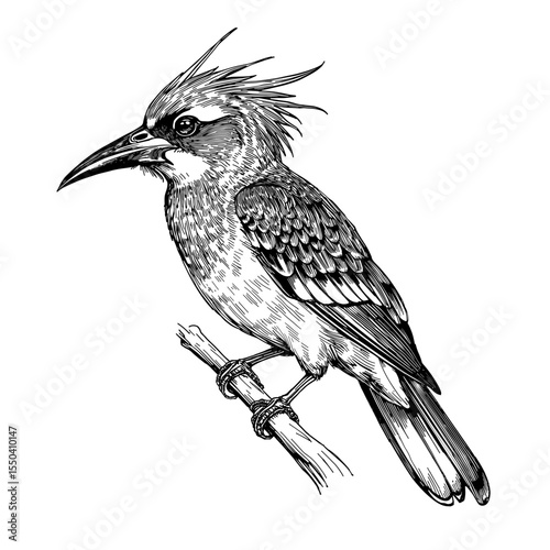 A meticulously crafted ink illustration showcasing the intricate details of a hornbill bird perched on a branch. The black and white artwork captures the beauty and uniqueness of the avian subject.