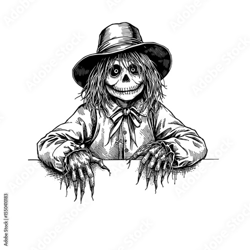 A chilling illustration captures a creepy scarecrow with a menacing smile and elongated fingers. The artwork embodies the spooky spirit.