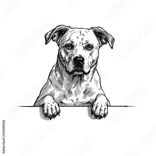 A detailed monochrome artwork of a Pit Bull dog looks over the edge, expressing a curious or friendly demeanor. This artfully crafted piece captures the essence of a canine companion.