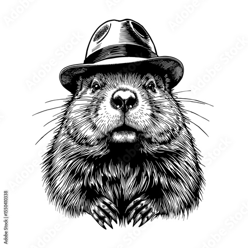 A distinguished groundhog in a stylish hat, exuding charm, rendered with meticulous detail. The intricate monochromatic artwork. vector illustration